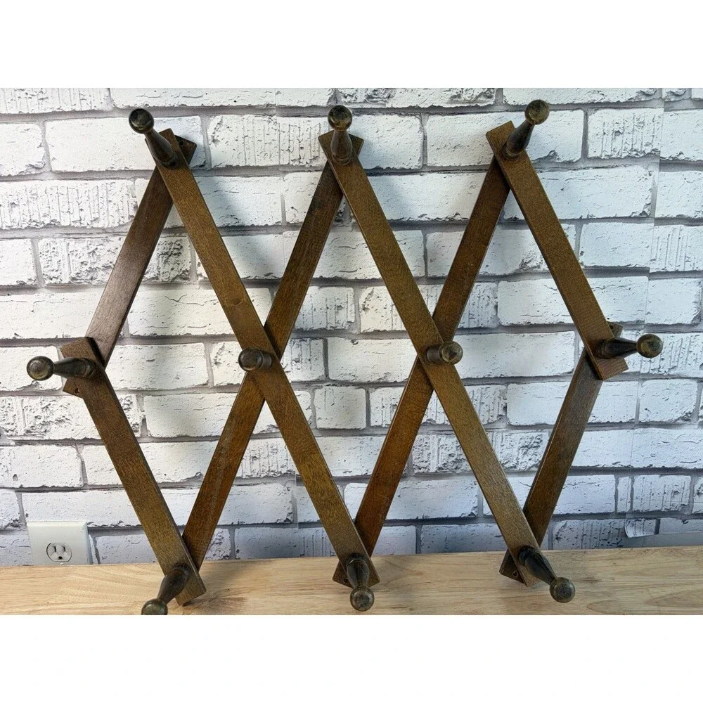 Huge Vintage Wooden Accordion 10 Peg Wall Rack 21” Long